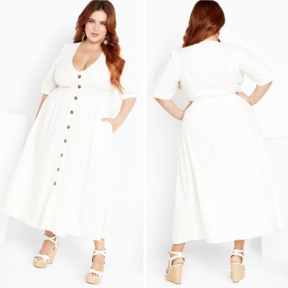 City Chic Sunset Stroll Ivory Button Front Dress Linen Blend Size 16 - Picture 1 of 12